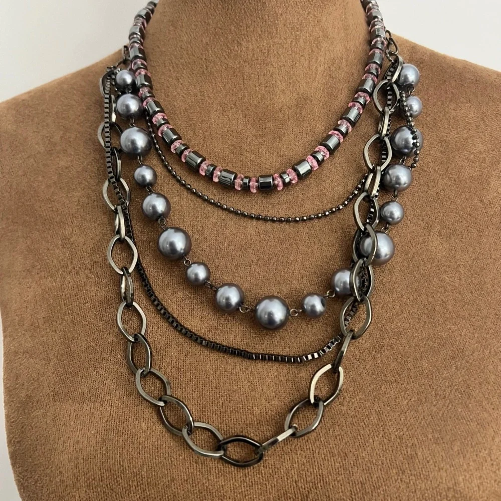 Gunmetal Layered Faux Pearl Pink Bead Chain 2 Necklaces  17